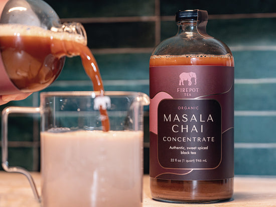 masala chai concentrate 32oz bottle, tea being poured