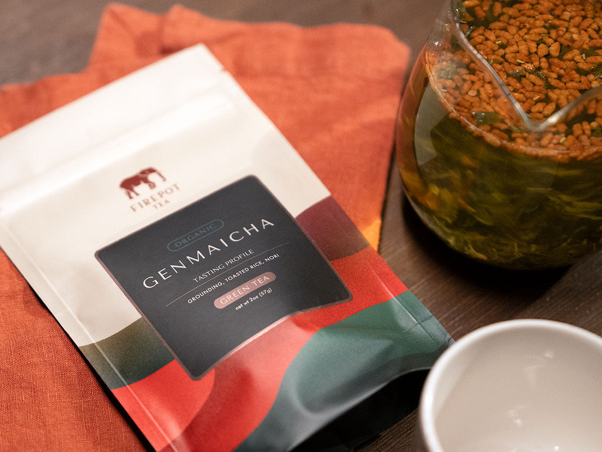 genmaicha 2oz bag with tea steeping