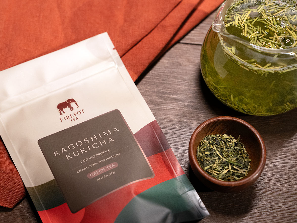 kagoshima kukicha 2oz bag with tea steeping