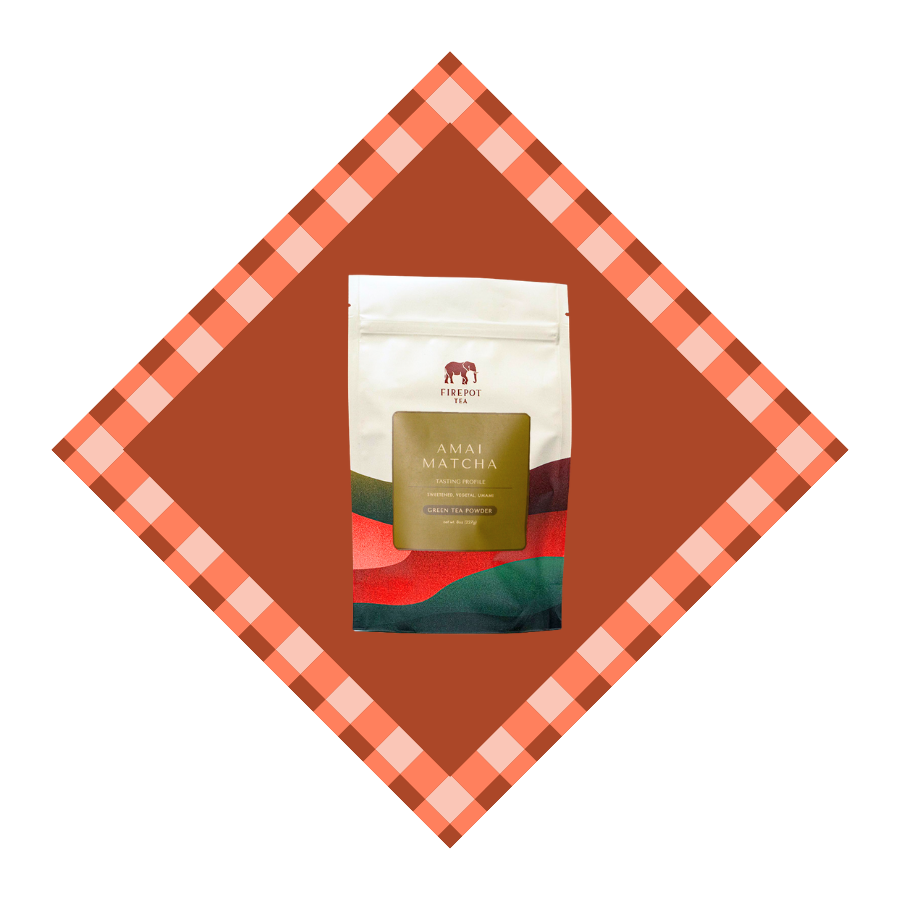 Amai Matcha tea package on a decorative brown and orange checkered background
