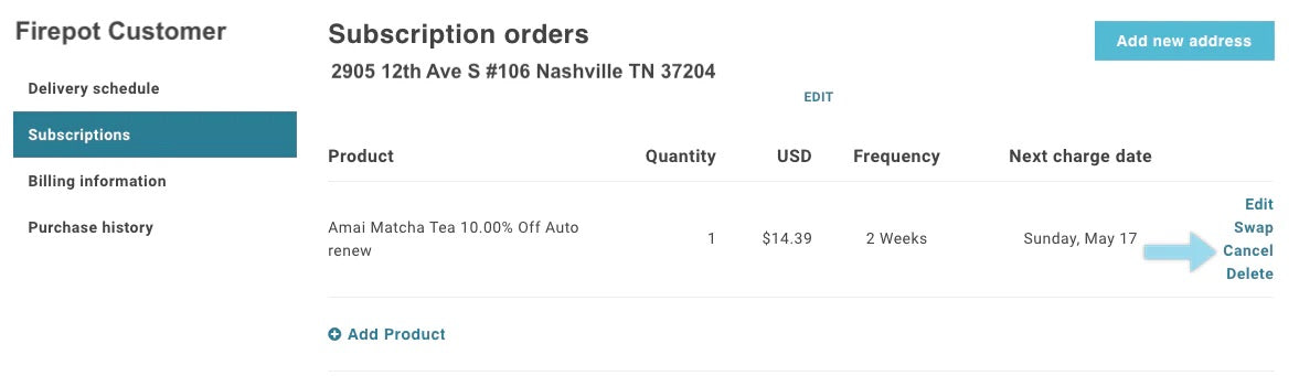 image of screenshot of subscription management with arrow pointing to "cancel"