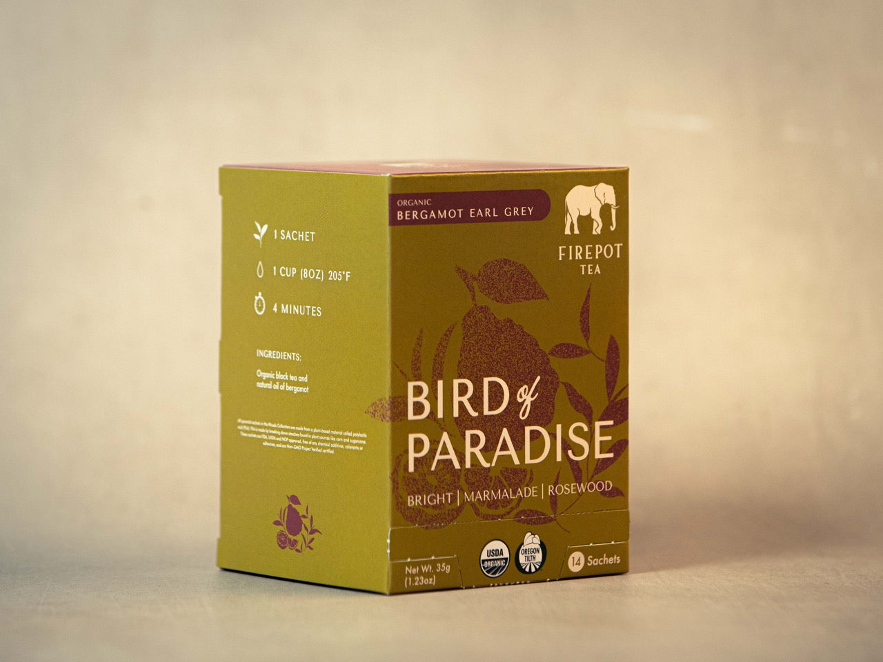 Box of Bird of Paradise tea on a beige background