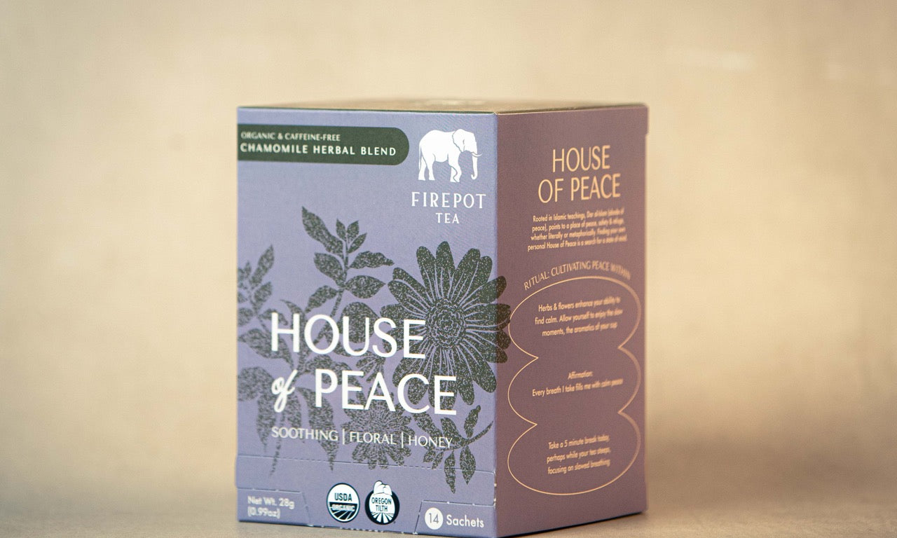 House of Peace tea packaging on a beige background