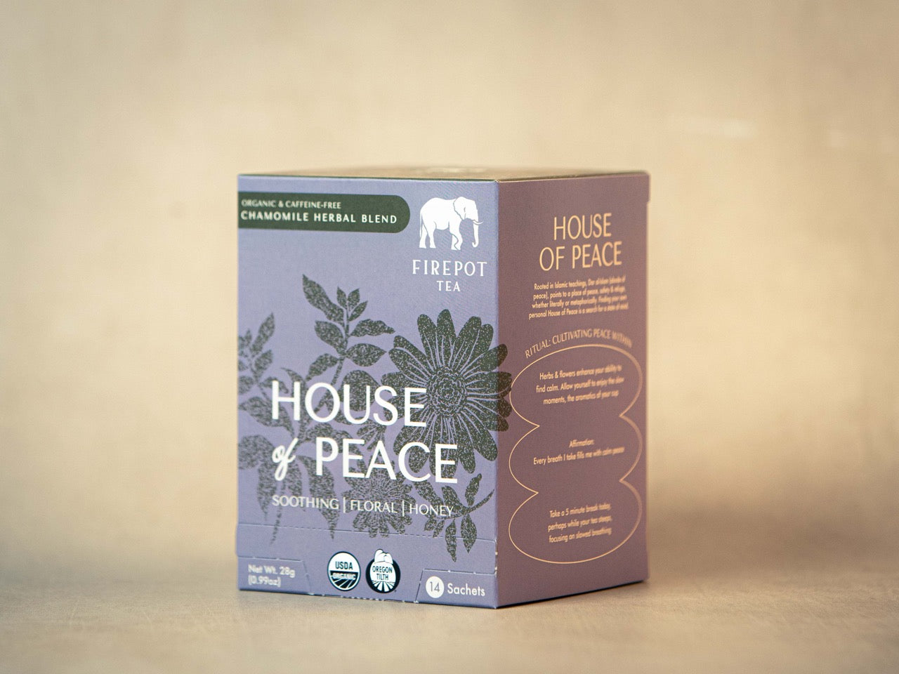 House of Peace tea packaging on a beige background