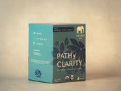 Tea package labeled 'Path of Clarity' by Firepot Tea on a beige background