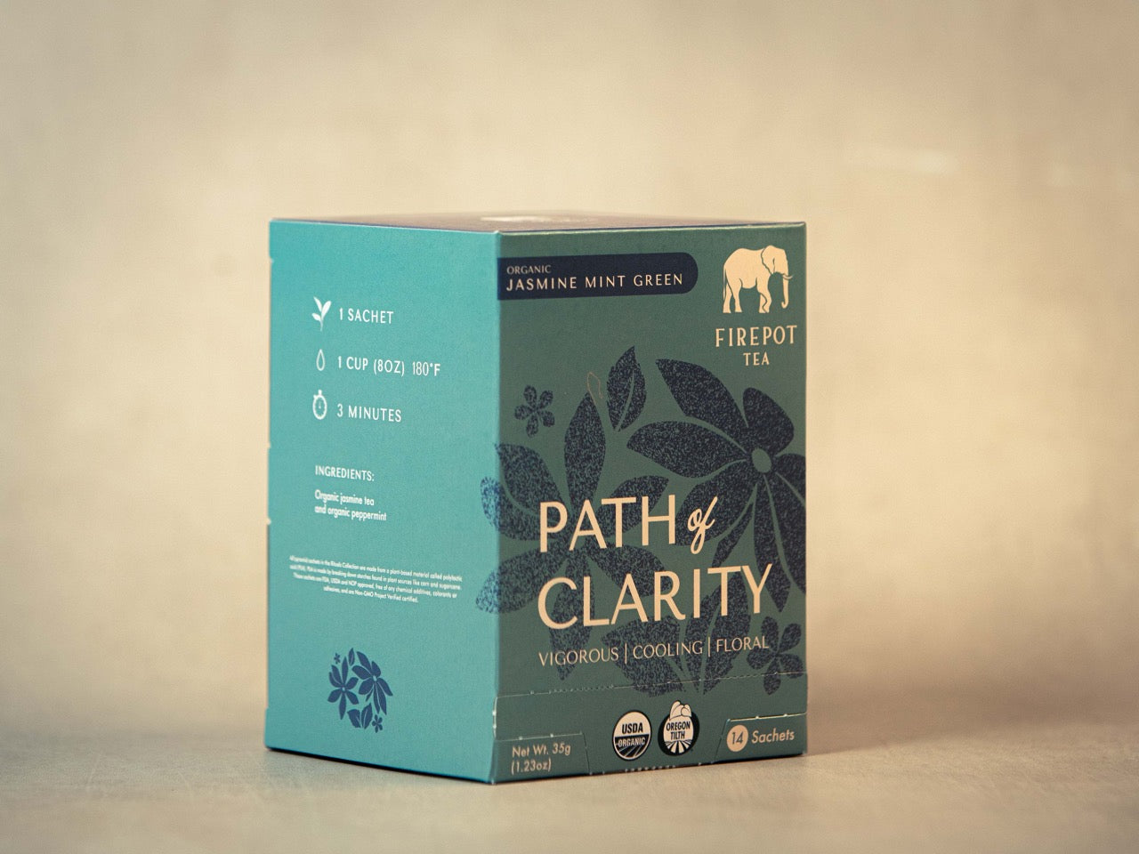 Tea package labeled 'Path of Clarity' by Firepot Tea on a beige background