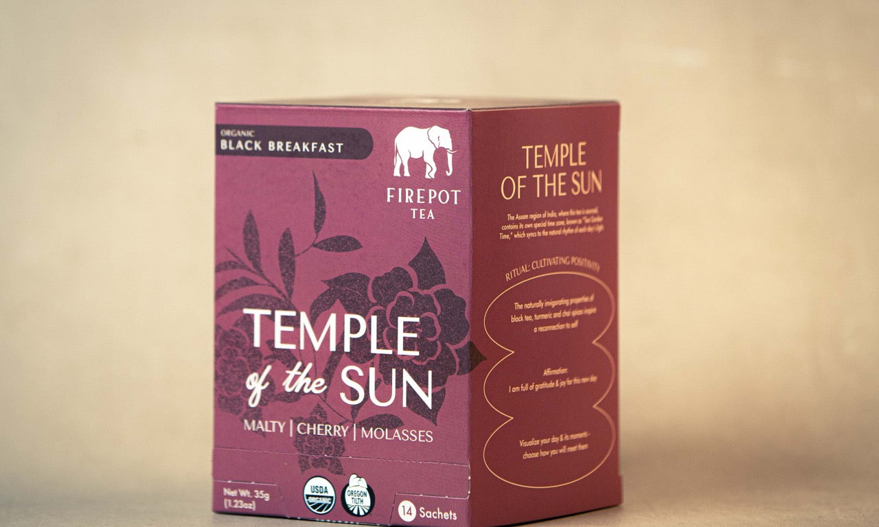 Box of Temple of the Sun tea from Firepot Tea on a beige background