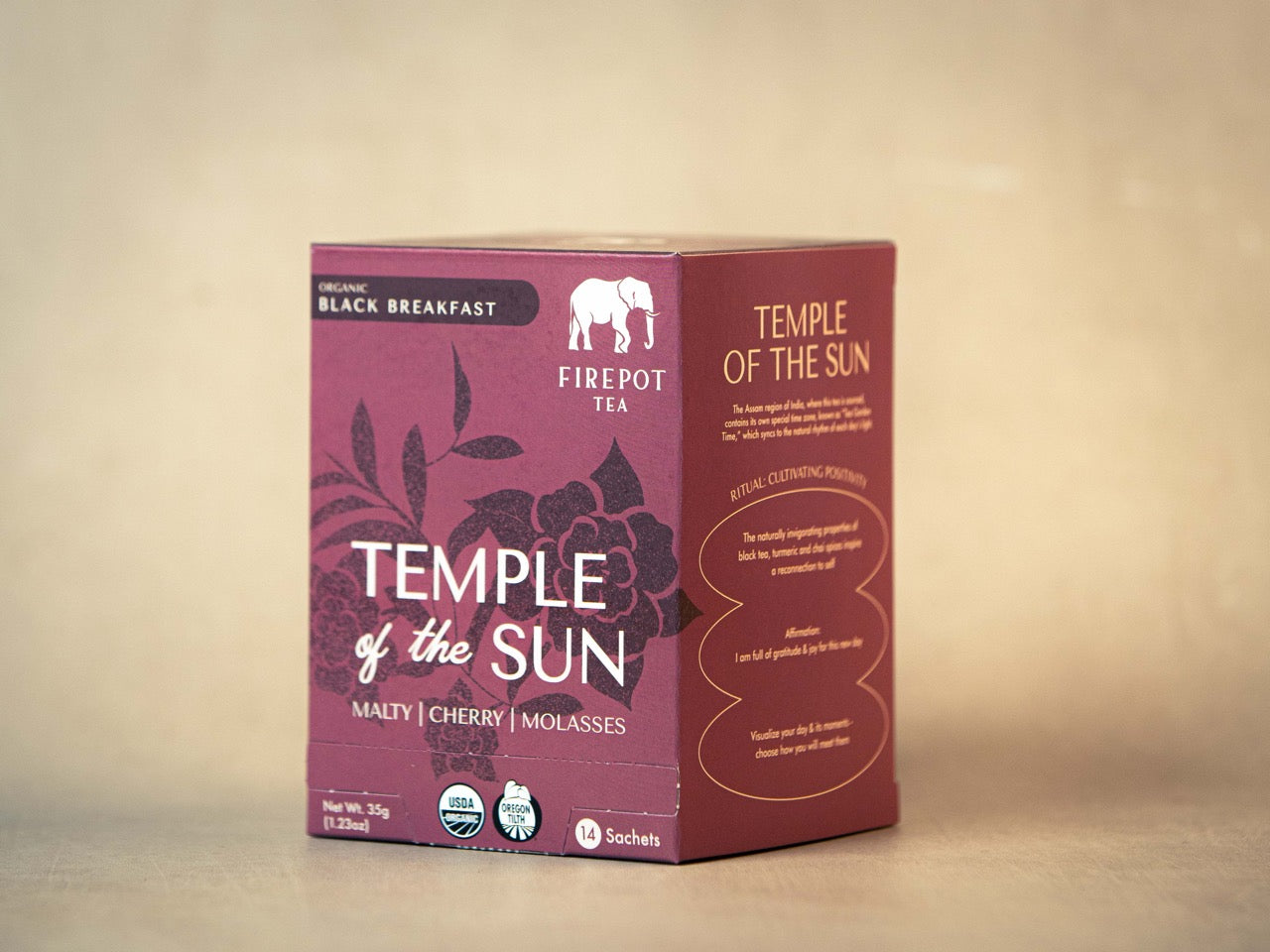 Box of Temple of the Sun tea from Firepot Tea on a beige background
