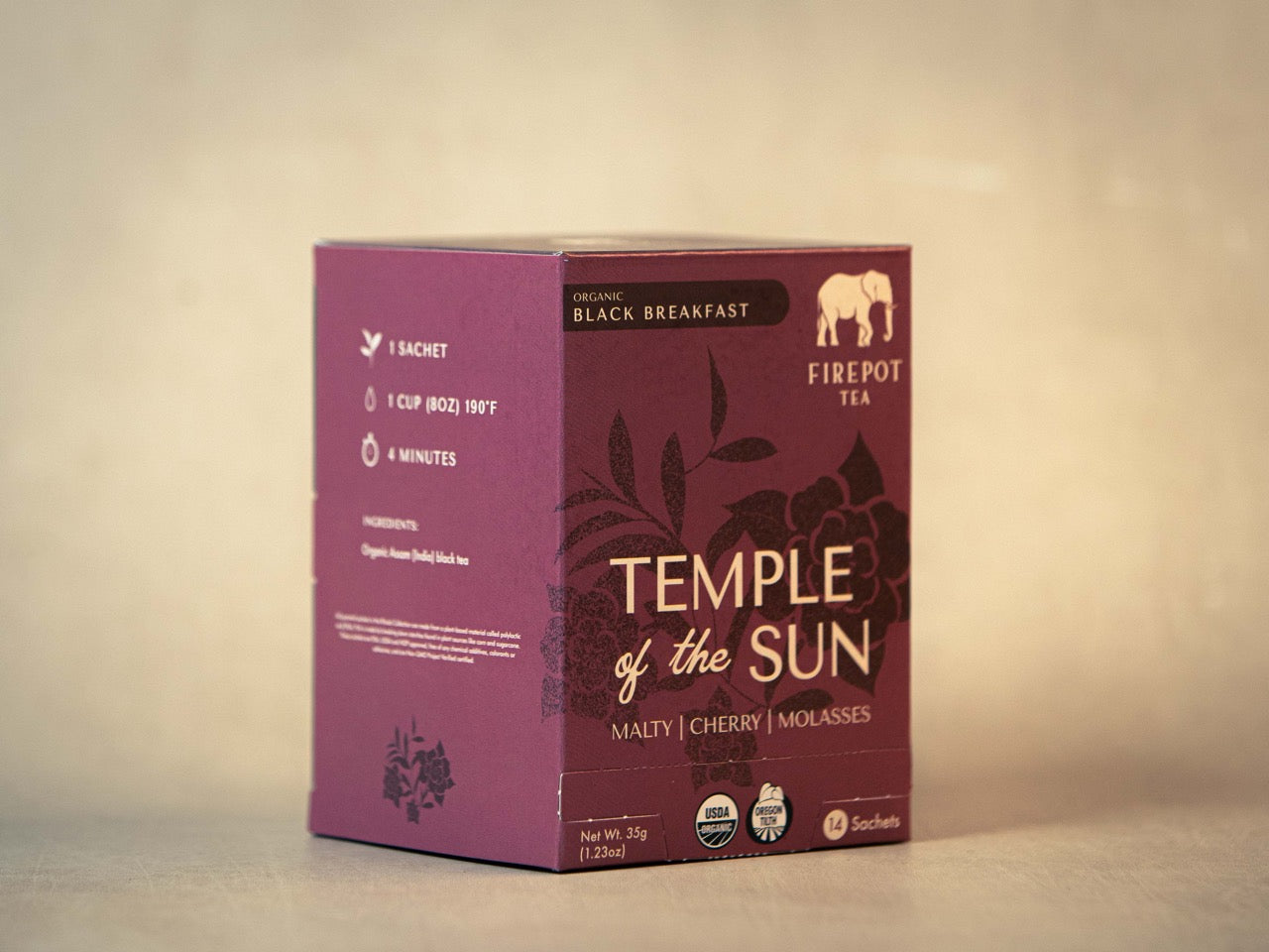 Tea box labeled 'Temple of the Sun' on a beige background