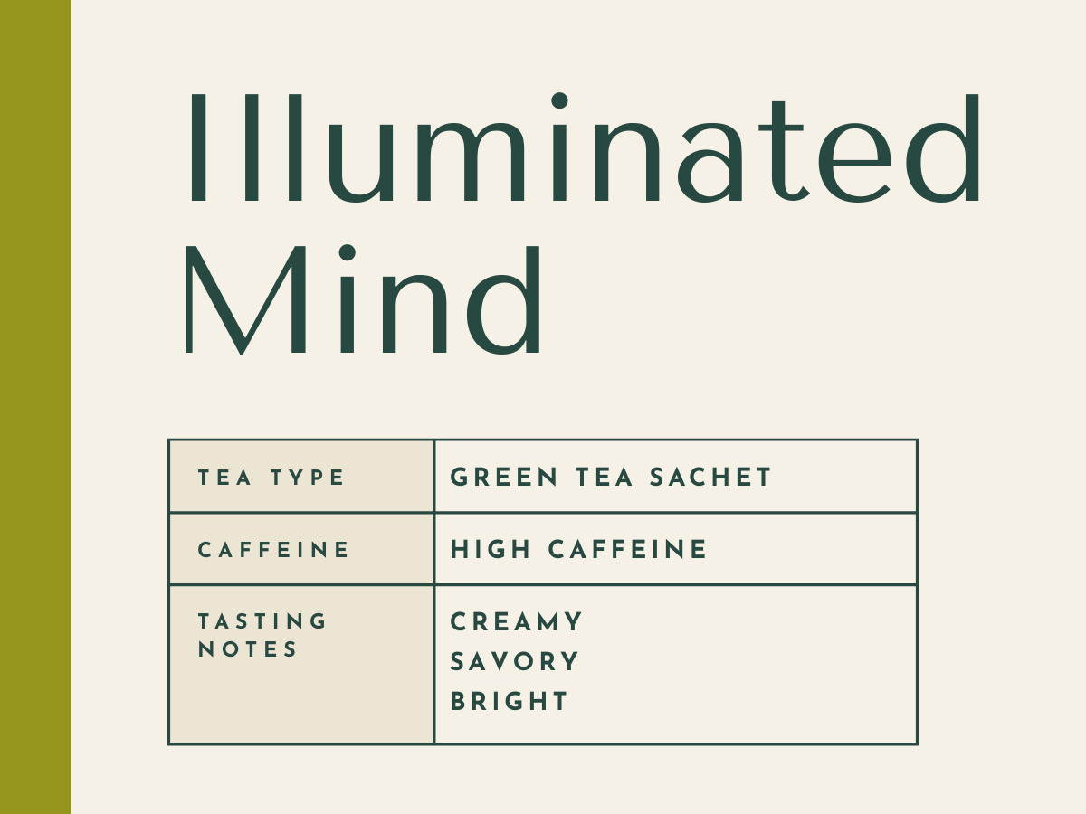 Illuminated Mind description card. green tea sachet, high caffeine, creamy savory and bright