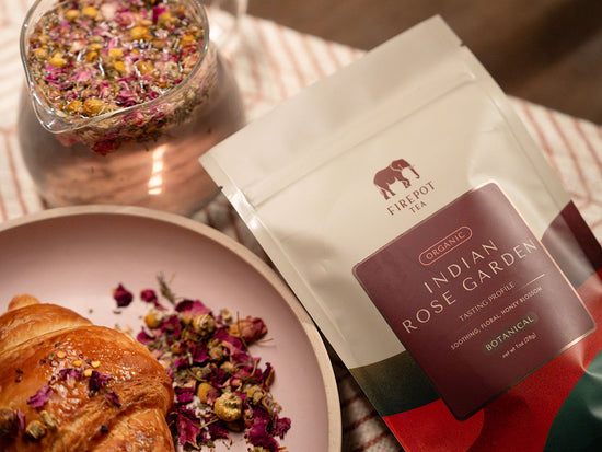 indian rose garden 1oz bag with tea steeping