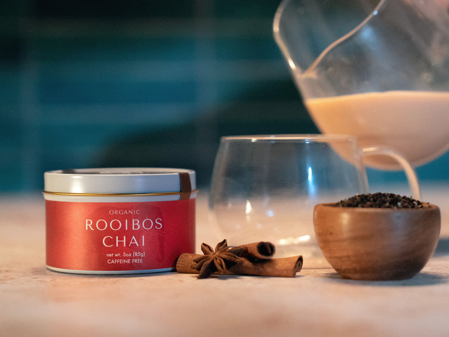 rooibos chai 3oz tin and chai latte