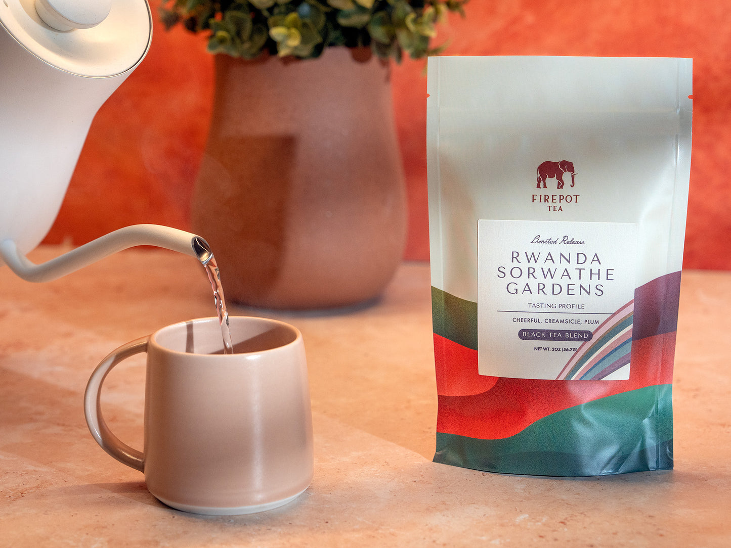 Rwanda Sorwathe Gardens black tea 2 ounce bag with mug and kettle blend