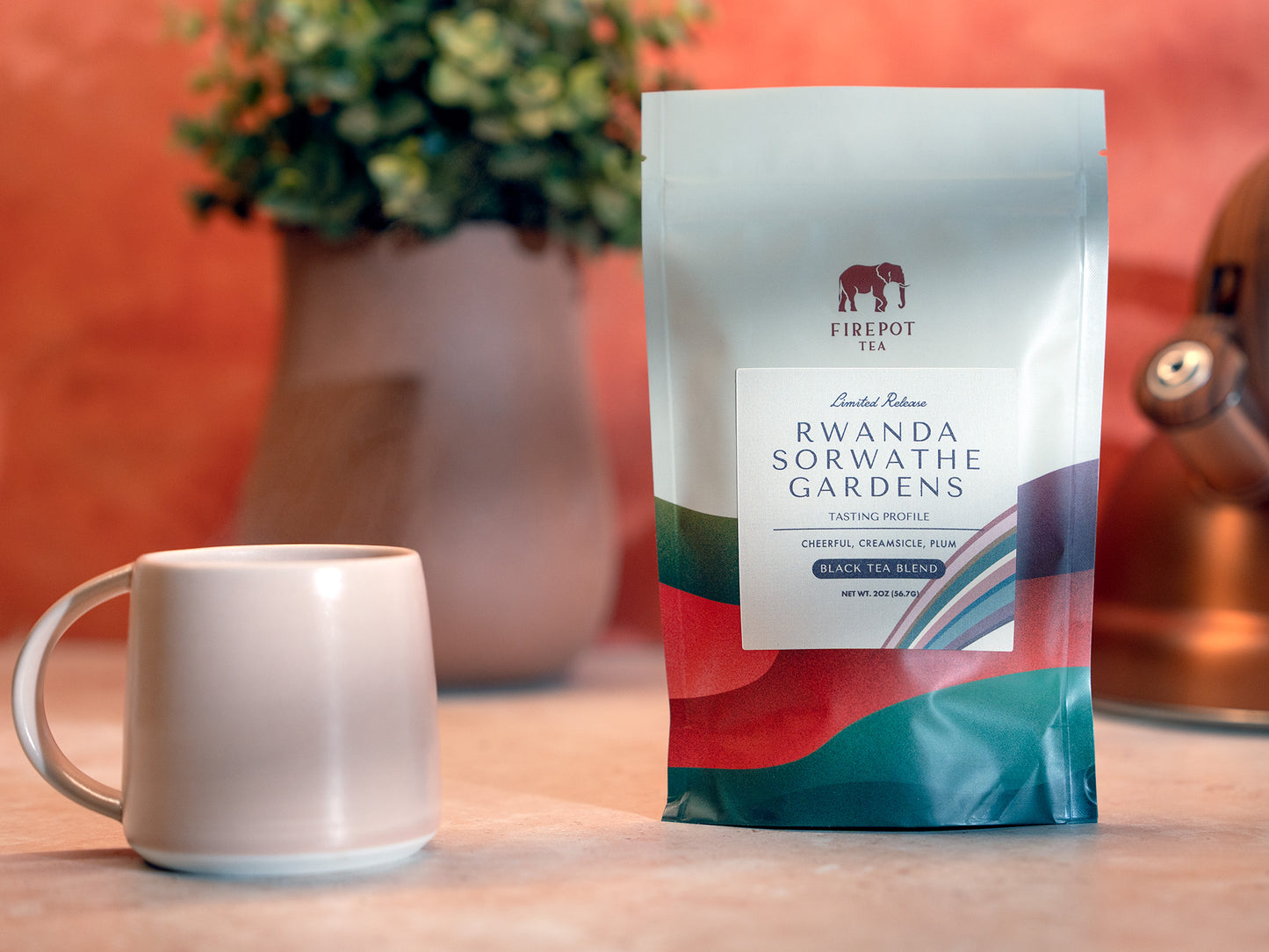 Rwanda Sorwathe Gardens black tea blend 2 ounce bag and mug