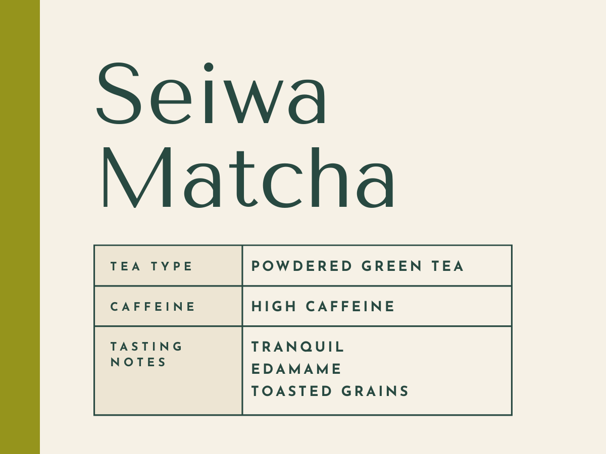 Description card for Seiwa Matcha green tea powder, high caffeine