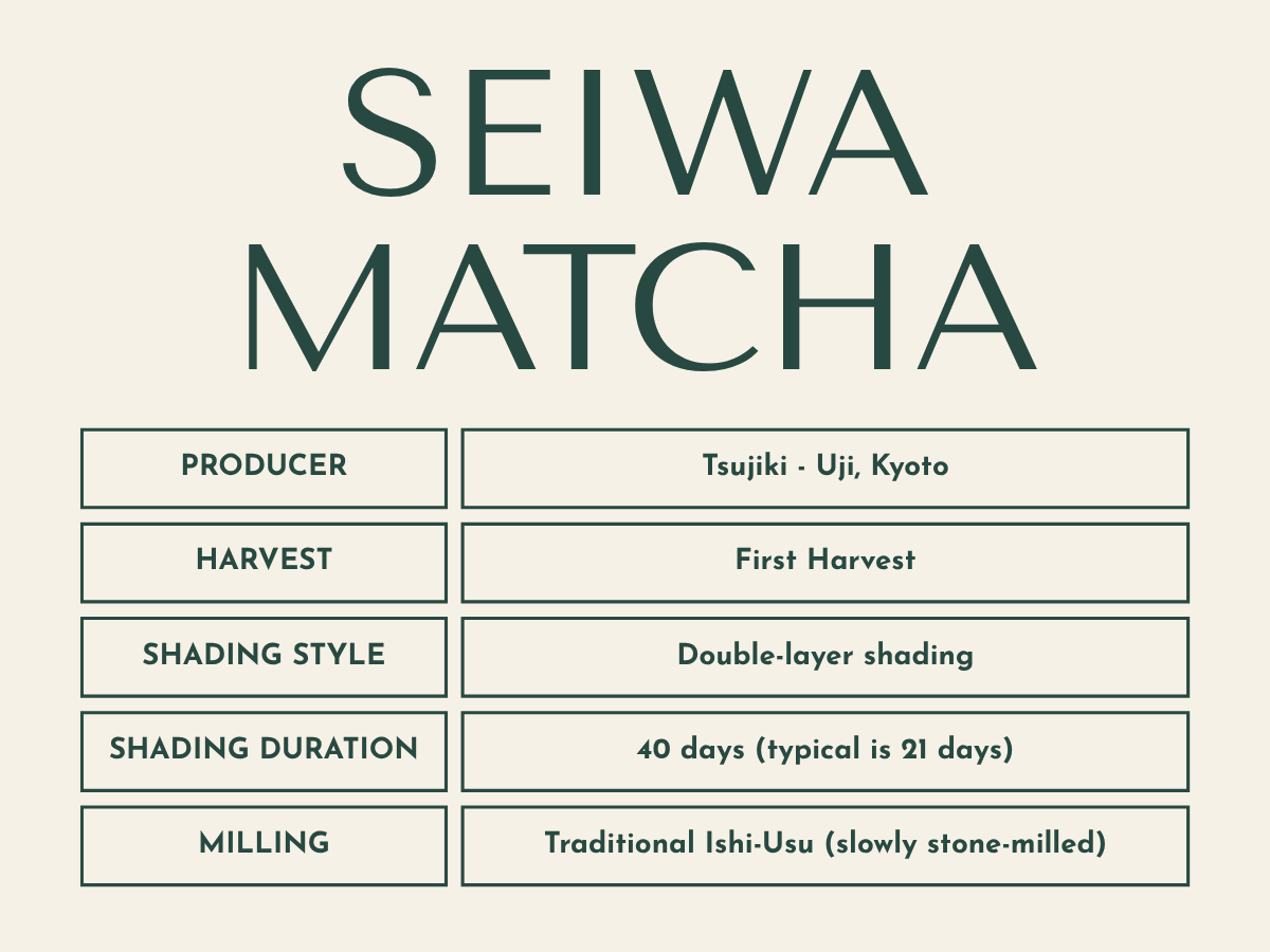 An informational graphic titled 'SEIWA MATCHA' on a warm cream background, with a table listing producer Tsujiki - Uji, Kyoto, harvest as first harvest, double-layer shading, 40 days shading duration, and traditional Ishi-Usu milling.