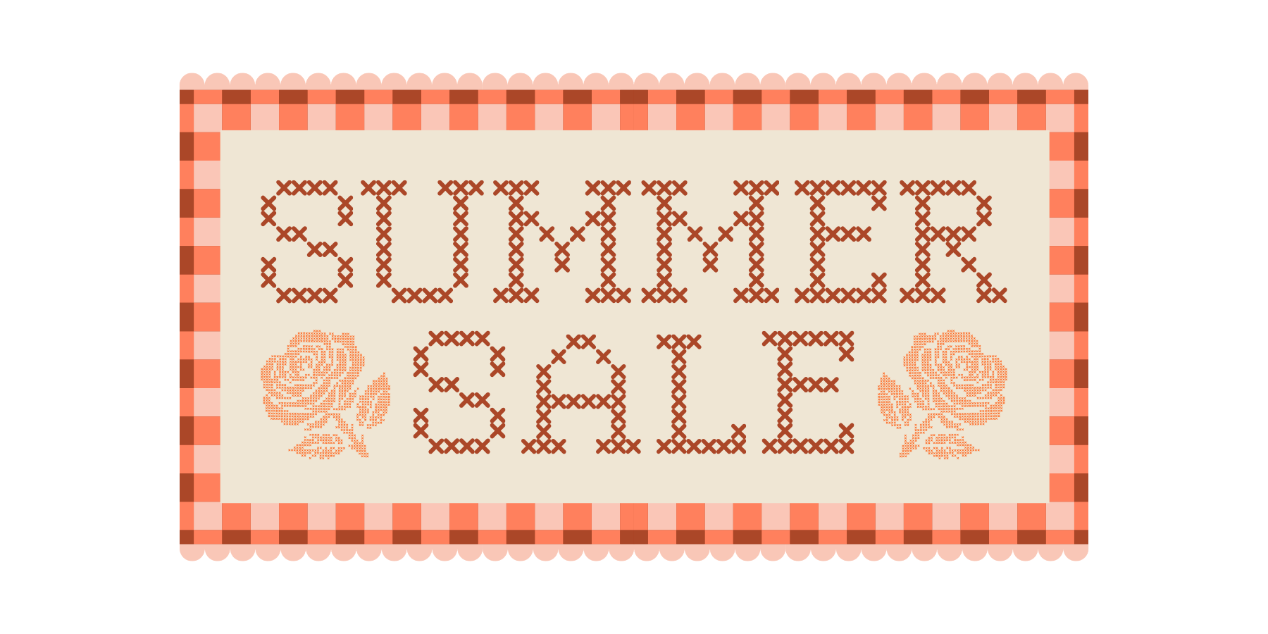 Cross-stitched 'Summer Sale' text on a red and white checkered border with roses.