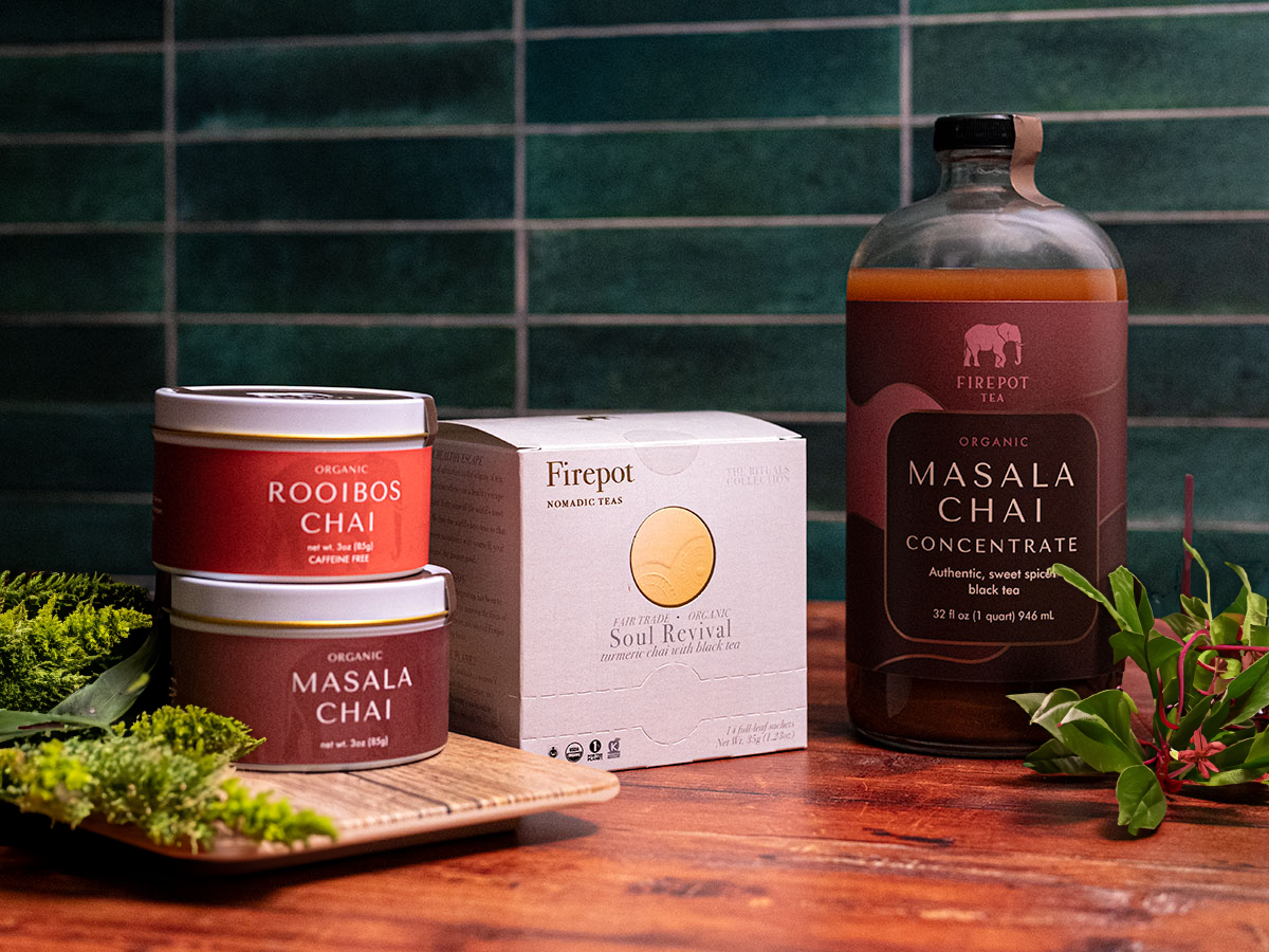 chai gift set: rooibos and masala chai tins, soul revival, masala chai concentrate