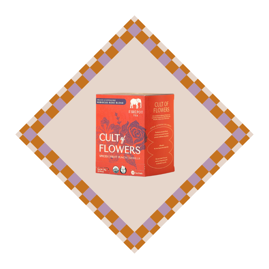 A box of Fair You Tea Cult of Flowers single-fruit punch flavor tea, displayed on a cream-colored background inside a diamond-shaped frame with a brown and lavender checkered border.