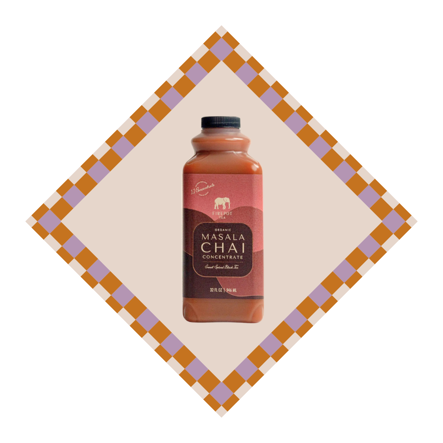 A bottle of Masala Chai Concentrate tea concentrate centered on a cream background with a decorative orange and lavender checkered diamond border.