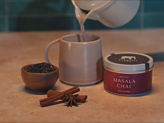 Load and play video in Gallery viewer, video of masala chai latte being made with masala chai 3oz tin

