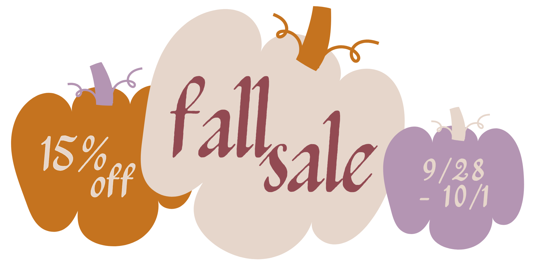 A digital graphic banner featuring autumn-themed pumpkins in orange, beige, and purple with the text 'fall sale', '15% off', and '9/28 - 10/1' on a white background.